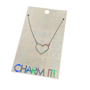 Charm It! Rhinestone Heart CZ Long Necklace Silver/Multicolor